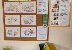 Kącik programu "Przyjaciele Zippiego". Tablica z ilustracjami głównych bahaterów programu. Obok tablicy zawieszony został zbiór zasad obowiązujących w trakcie realizacji projektu. Nad tablicą, na półce znajduje się maskotka programu patyczak Zippi. Na skrzyni ułożone są indywidualne teczki dzieci z kartami pracy wykorzystywanymi podczas zajęć z Zippim.