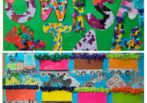 Wewnętrzny konkurs plastyczny inspirowany wierszami J. Tuwima. Prace plastyczne dzieci z grupy Mrówek. "Abecadło", "Lokomotywa"