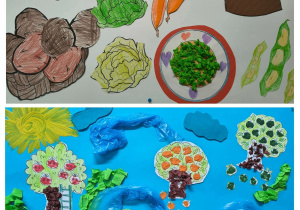 Wewnętrzny konkurs plastyczny inspirowany wierszami J. Tuwima. Prace plastyczne dzieci z grupy Skrzatów. "Warzywa", "Dwa wiatry"