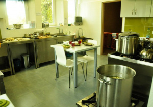 Nowoczesna i duża kuchnia ze metalowymi szafkami, blatami oraz nowoczesną kuchenką gazową i taboretem gazowym. Na środku kuchni znajduje się nieduży kwadratowy stół z dwoma krzesłami.